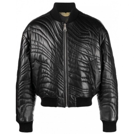 Vogue trendy stripe-quilted leather bomber jacket