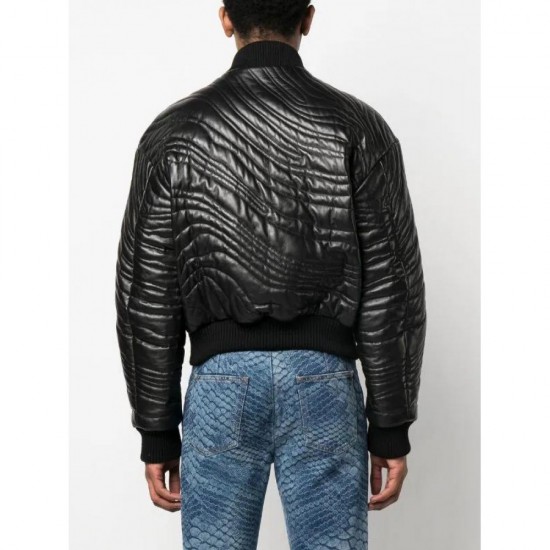 Vogue trendy stripe-quilted leather bomber jacket