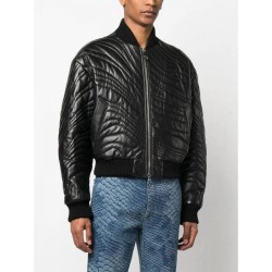 Vogue trendy stripe-quilted leather bomber jacket