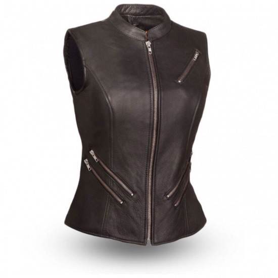 Black Women's Motorcycle Leather Vest